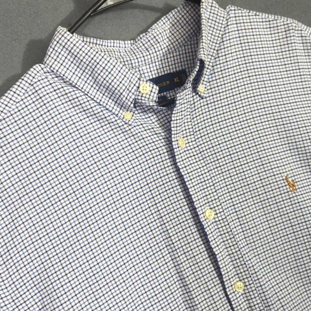 Ralph Lauren Shirt Men's XL Blue Micro Plaid Classic Fit Flesh Pony Long Sleeve